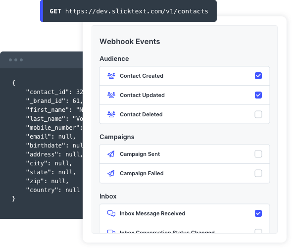 SlickText REST API and webhook events for custom enterprise applications