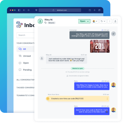 SlickText Inbox UI showing incoming messages, conversation statuses, and a customer support conversation