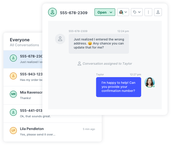 SlickText UI showing a customer support interaction