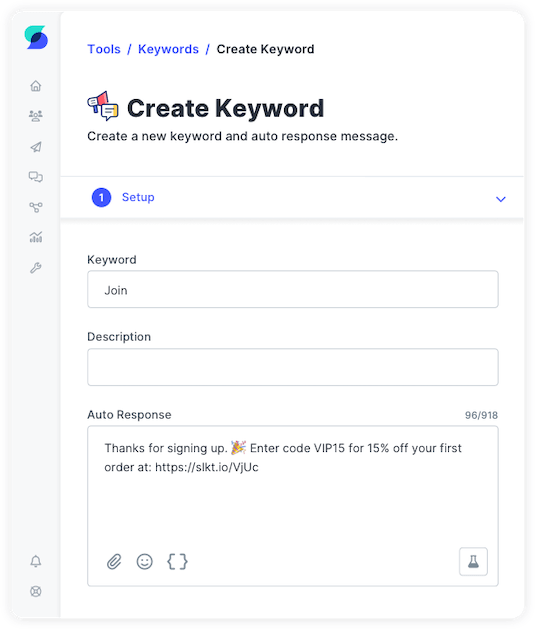 SlickText UI showing the fields for creating an SMS keyword and auto response