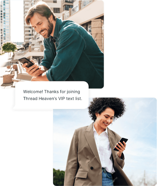 A millennial man and woman receive an SMS auto-reply from a store using SlickText for SMS marketing