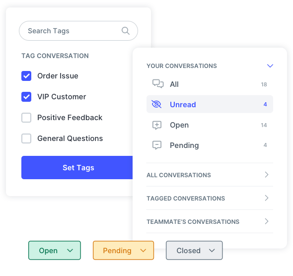 SlickText Inbox UI showing conversation tags and statuses for a team of customer support agents