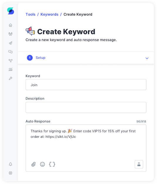 SlickText UI showing where to create a Keyword and auto response