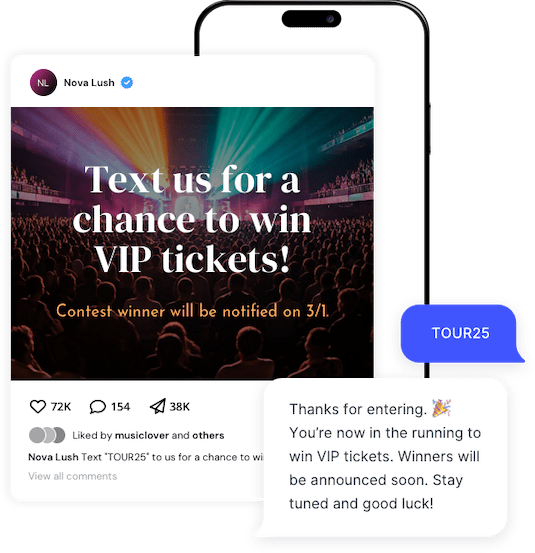 A graphic promoting an SMS contest for VIP tickets to a concert