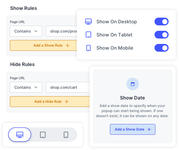 Rules for showing or hiding your popup on mobile, tablet, and desktop