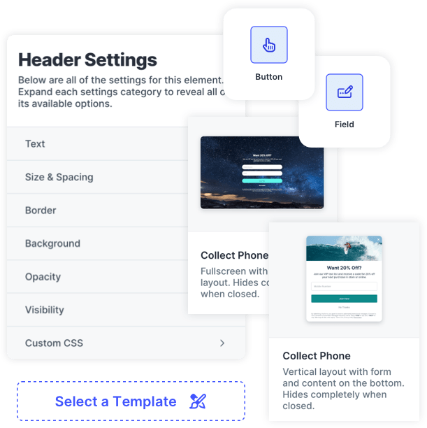 SlickText popup builder settings and examples of popups on mobile and desktop