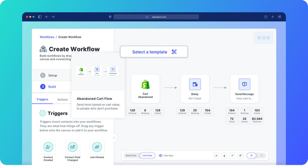 SlickText UI showing Abandoned Cart Workflow