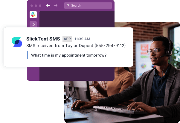 A support team receives a Slack alert when a customer texts in a question