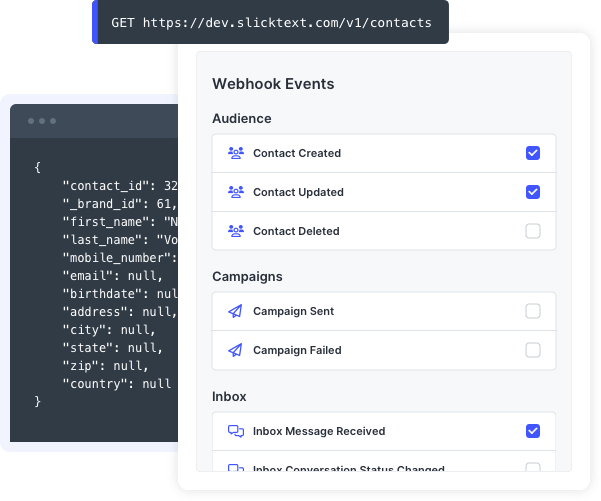 SlickText UI showing webhook events stacked on top of website code