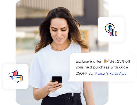 A stylish woman receives a text blast with a discount code for her next purchase