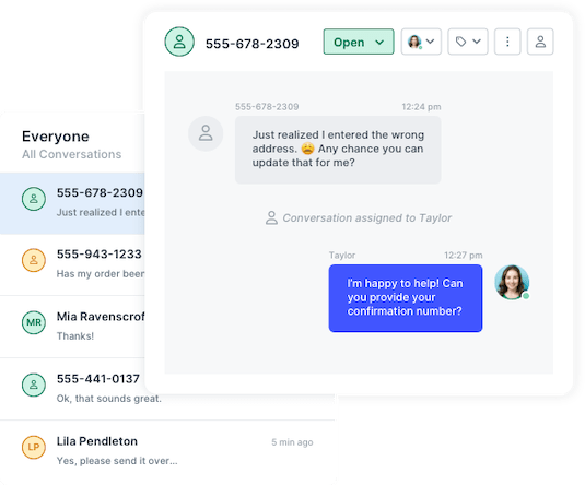 One-on-one customer support conversation using the SlickText shared inbox