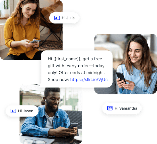 Three consumers receive personalized text alerts from an ecommerce store