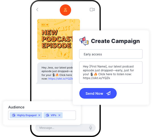 A content creator sends a personalized mass text message promoting a new podcast episode