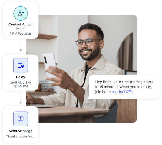 A content creator sends an automated webinar reminder through an SMS workflow