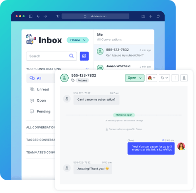 A customer engages in an SMS customer support conversation powered by SlickText