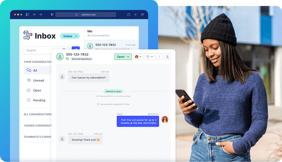 A customer engages in an SMS customer support conversation powered by SlickText