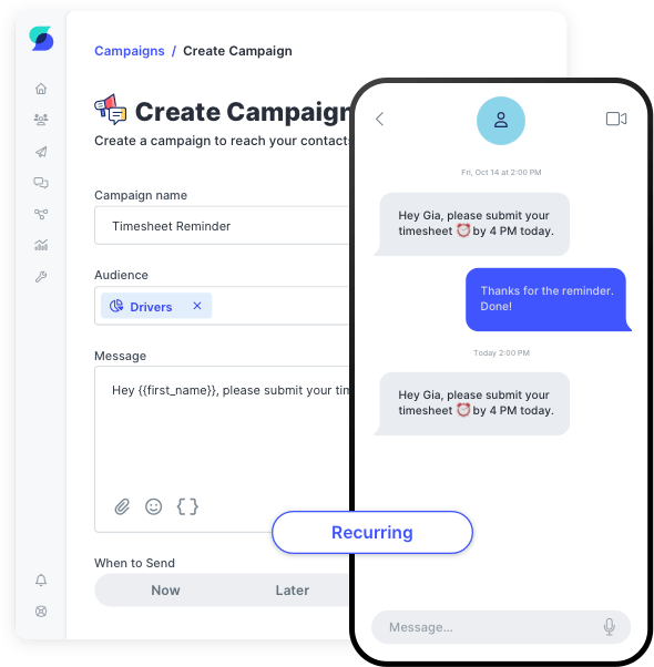 SlickText campaign builder showing recurring reminders for timesheet submissions.