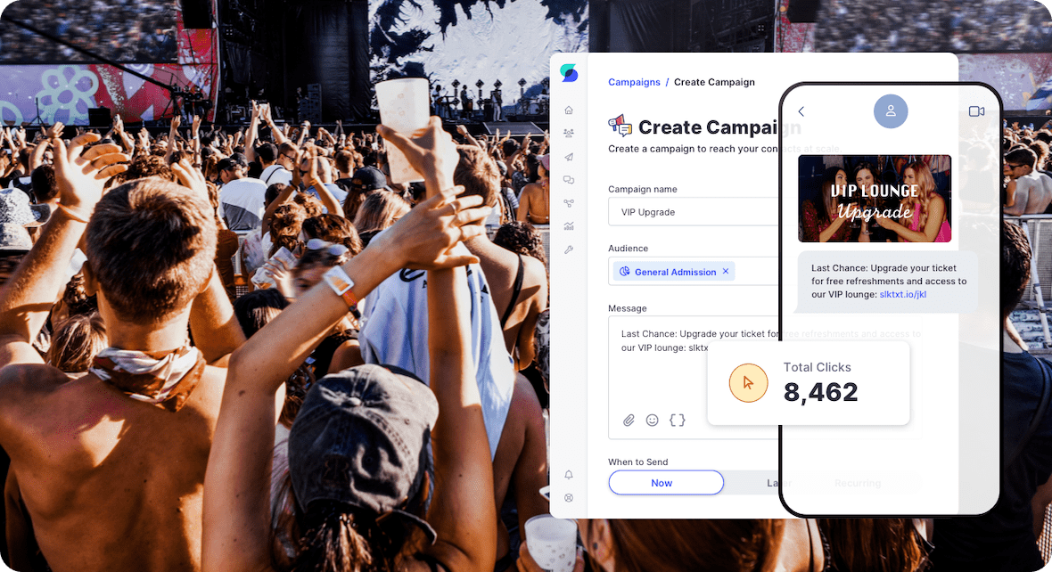 Crowded outdoor music venue with an SMS message promoting the VIP lounge.
