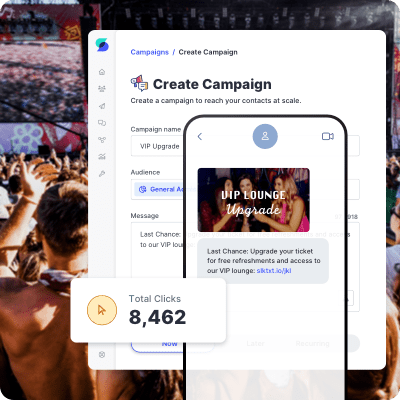 Crowded outdoor music venue with an SMS message promoting the VIP lounge.