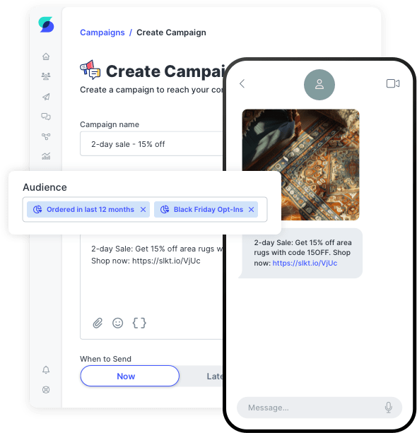SlickText campaign builder showing an SMS message to an audience of recent buyers and Black Friday opt-ins.