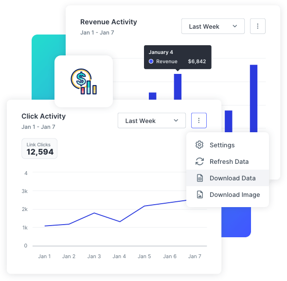 SMS marketing analytics showing revenue activity, click activity, and downloadable data.