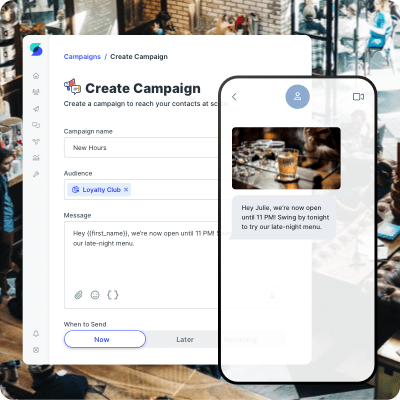 Busy restaurant and an SMS campaign inviting customers to try the late-night menu.