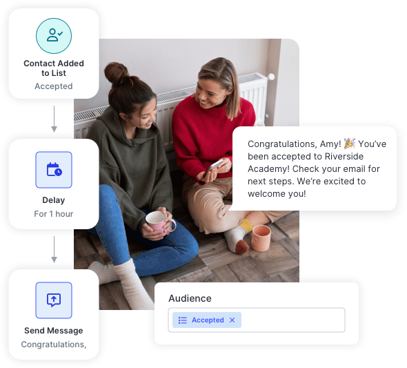 Automated workflow showing a congratulations text message to a student who has been granted admission.
