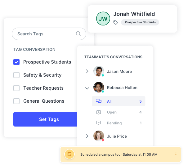 SlickText shared inbox showing conversation tags, teammate’s conversations, and a note about an upcoming campus tour for a prospective student.