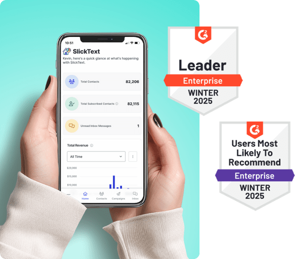 Hands holding a phone opened to the SlickText dashboard